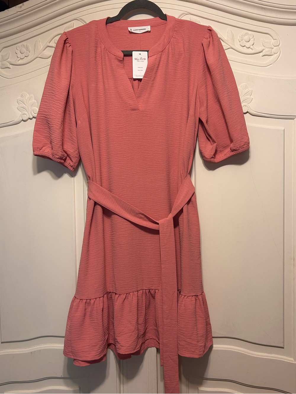 Lucky Brand Coral Pink Textured Belted Mini Dress